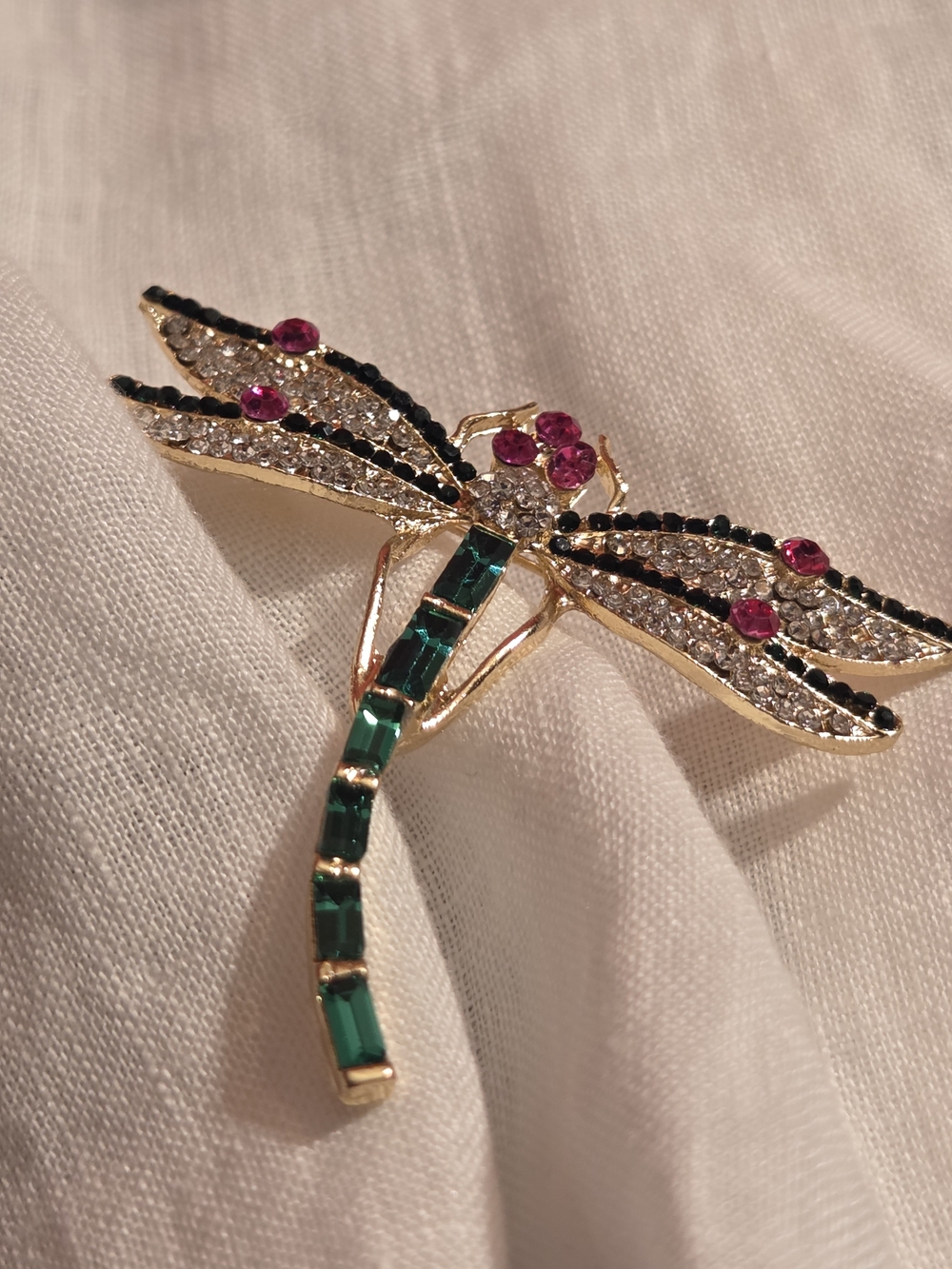 Gold-Tone Dragonfly Brooch with Green, Pink and Black Crystals